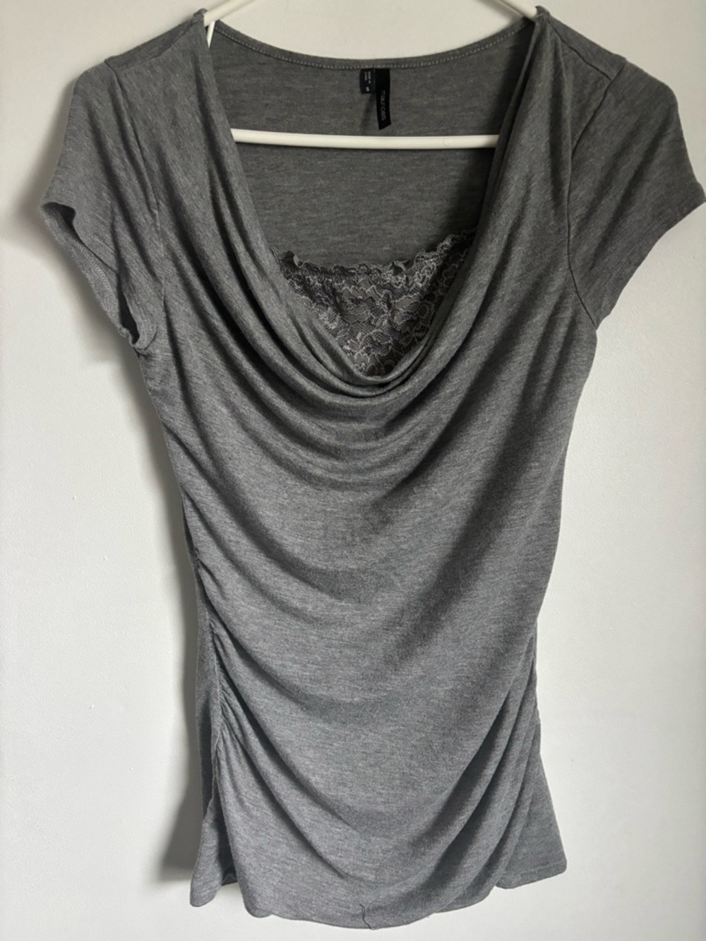 Maurices Gray Cowl Neck Lace-Trim Short Sleeve Top